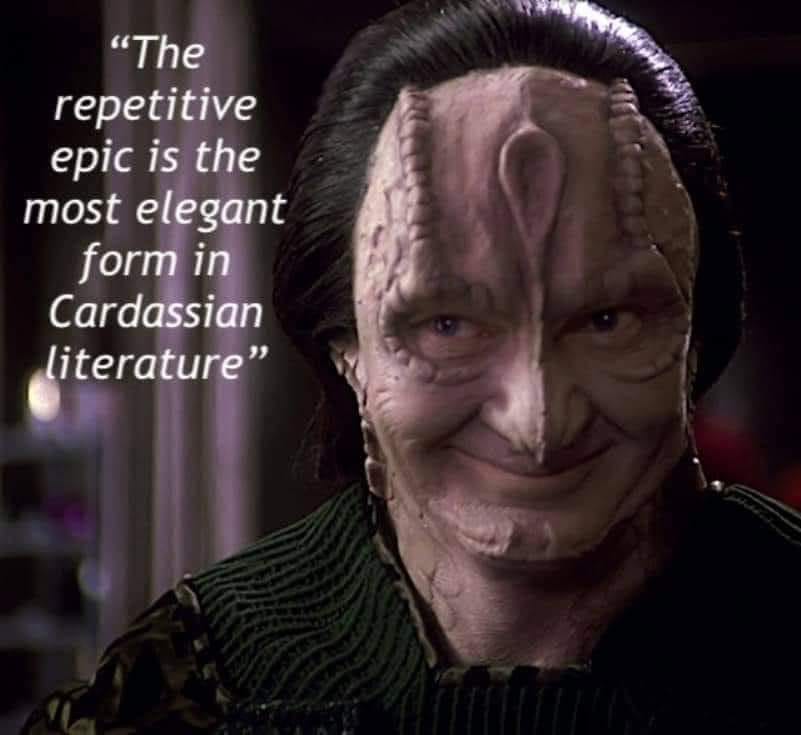 This meme features a photo of a character from the Star Trek: The Next Generation series, specifically the Klingon warrior K'Ehler, with a sarcastic expression. The text "The most elegant thing in the universe is a well-designed database" is overlaid on the image. The quote is attributed to a character, but the specific character is not identified.